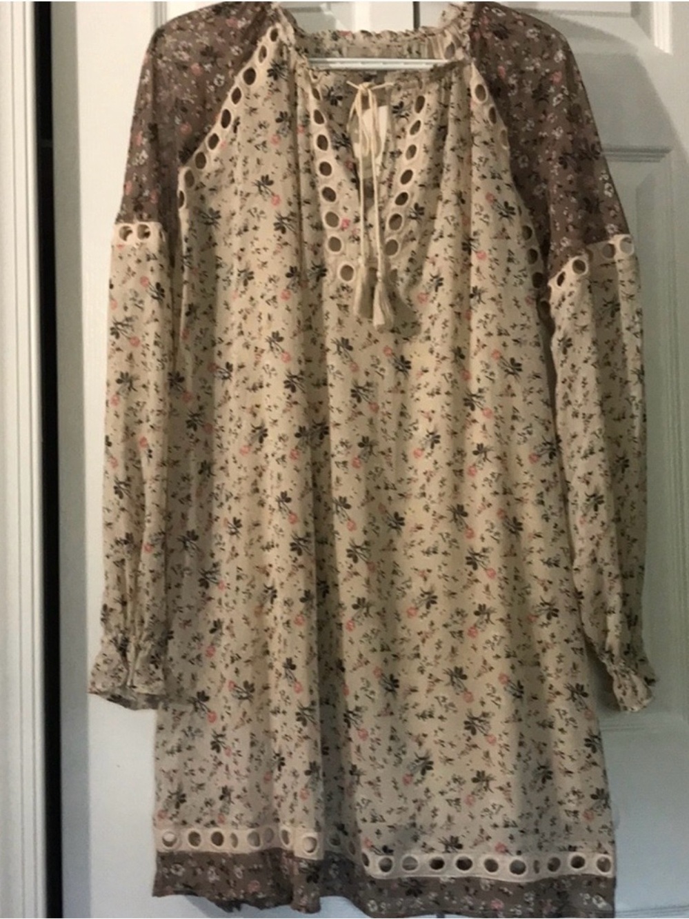 Wonderly Cream Floral Midi Dress with Brown Accent